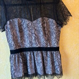 WHBM Black and Cream Lace Peplum Top